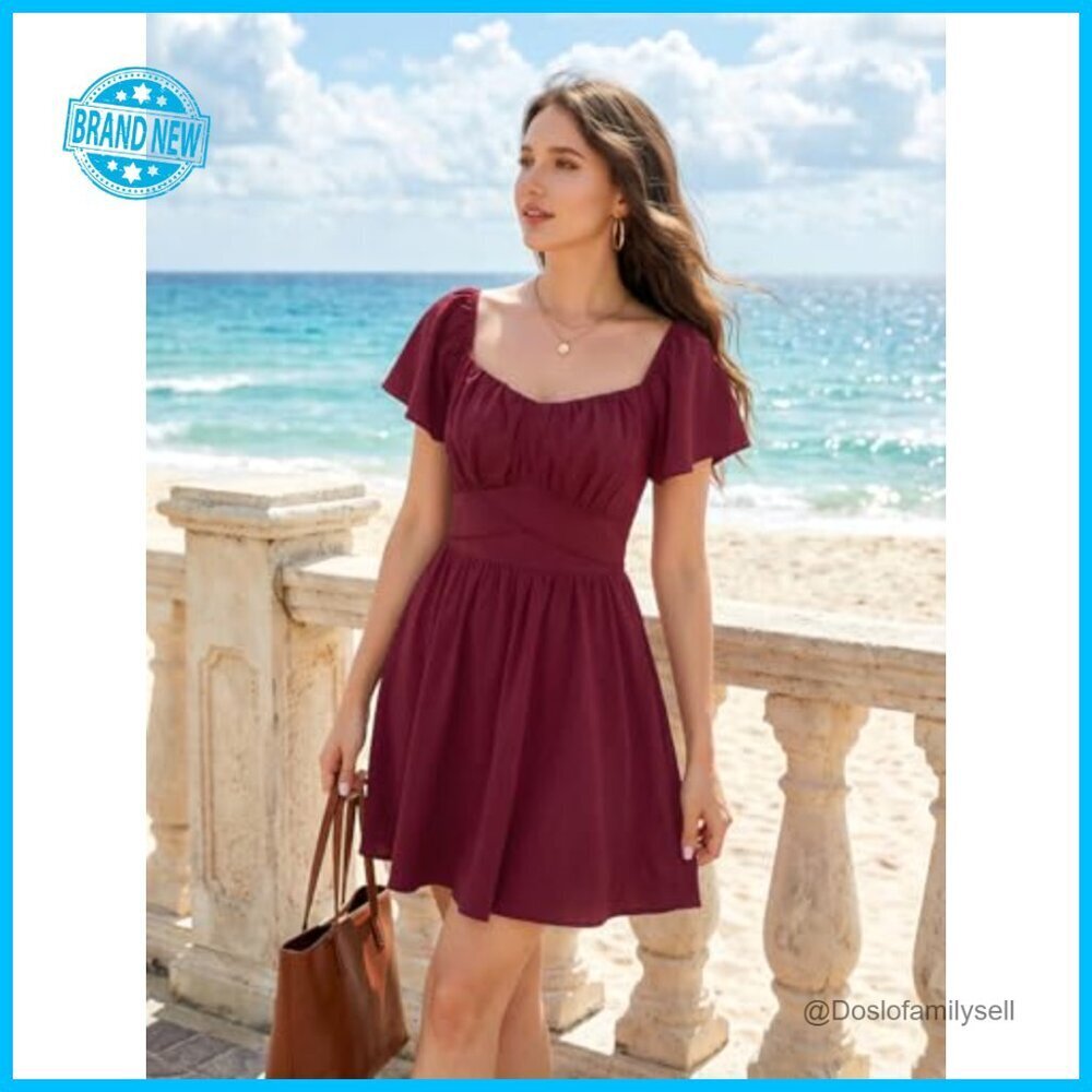 Square Neck Wrap Dress Ruffle Puff Sleeve Tie Back Mini Cottagecore Style - Picture 7 of 7